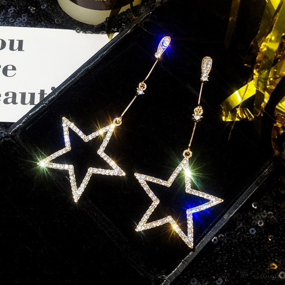 GOLD Rhinestone/Crystal Dangle STAR Earrings